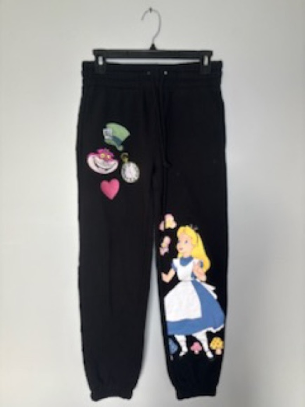 Disney Black Sweatpants with Alice in Wonderland Graphics large